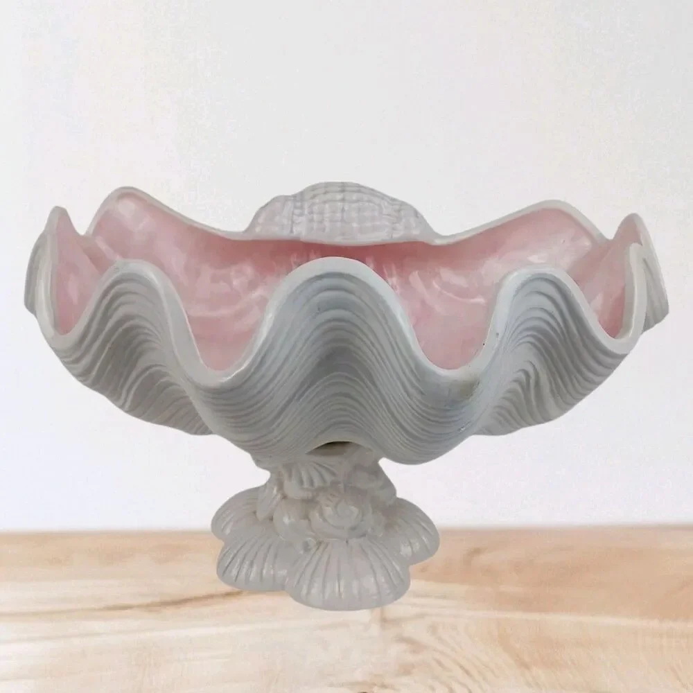 Vtg Large Deco Regency MCM Pink Ceramic Oyster Shell Clamshell Bowl Planter